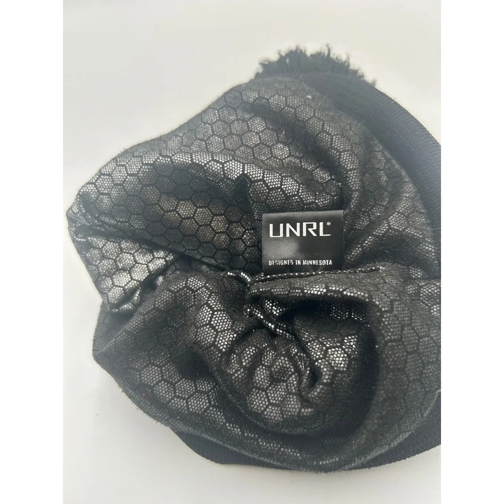 UNRL Black Knit Pom Beanie Hat Orange Shield Logo #18 Thermal Lining B914